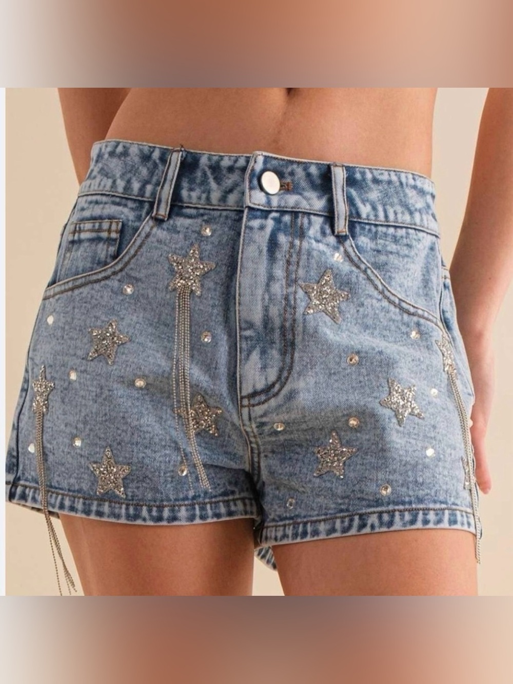 Main Strip Celestial Rhinestone Fringe Star Denim Shorts Medium boho festival